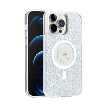 For iPhone 13/14 Case Epoxy Real Flower Glitter Hybrid Cover + Tempered Glass