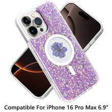 For iPhone 16 PRO MAX Case Epoxy Real Flower Glitter Hybrid + Tempered Glass