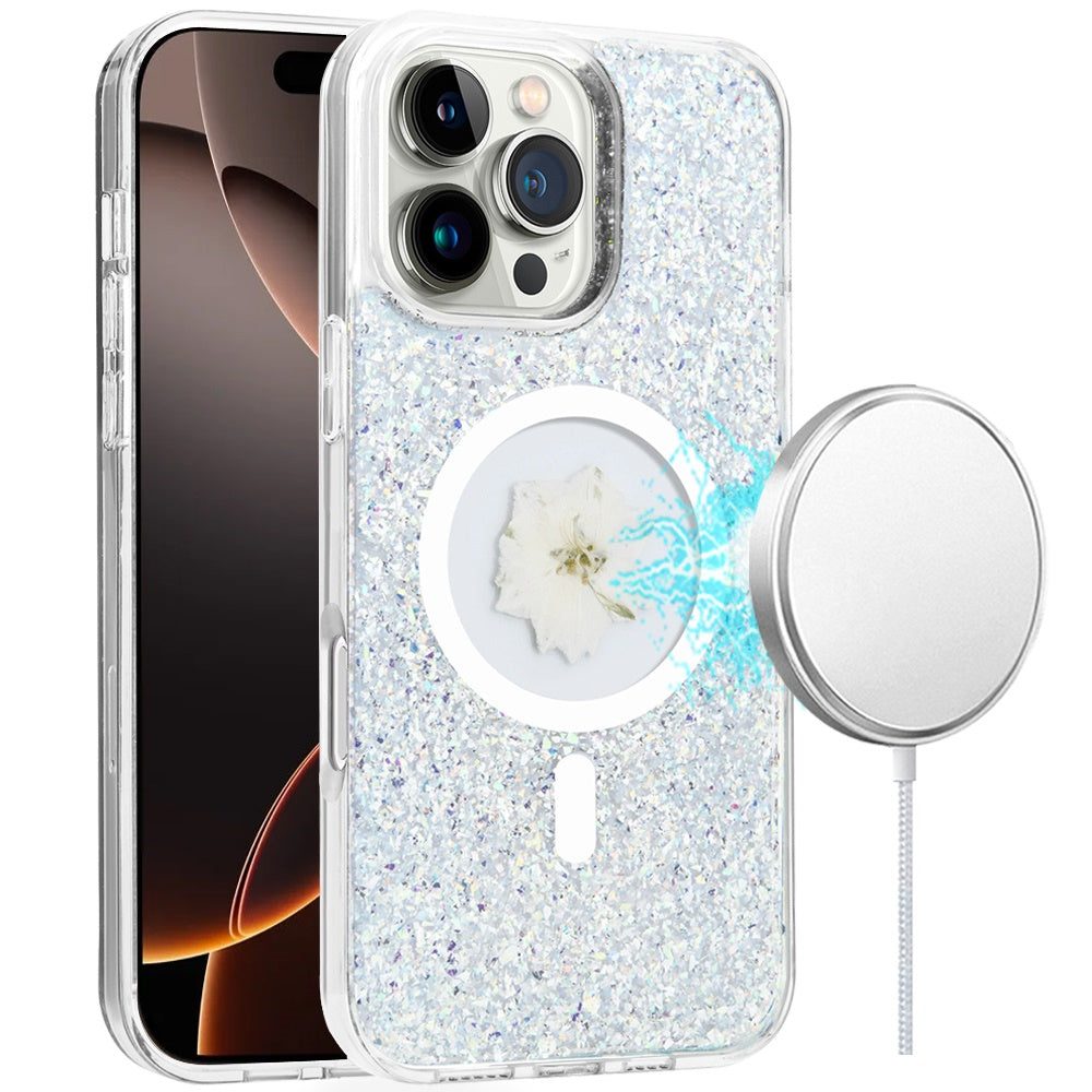 For iPhone 16 PRO MAX Case Epoxy Real Flower Glitter Hybrid + Tempered Glass