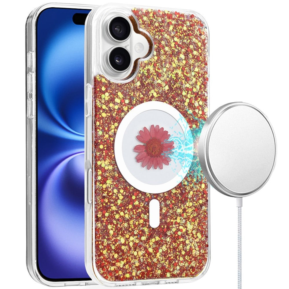 For iPhone 16 Plus 6.7in Case Epoxy Real Flower Glitter Hybrid + Tempered Glass