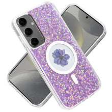 For Samsung S24+/S25+ Case Epoxy Real Flower Glitter Hybrid + Tempered Glass