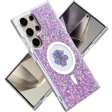 For Samsung S25 Ultra Case Epoxy Real Flower Glitter Hybrid + Tempered Glass