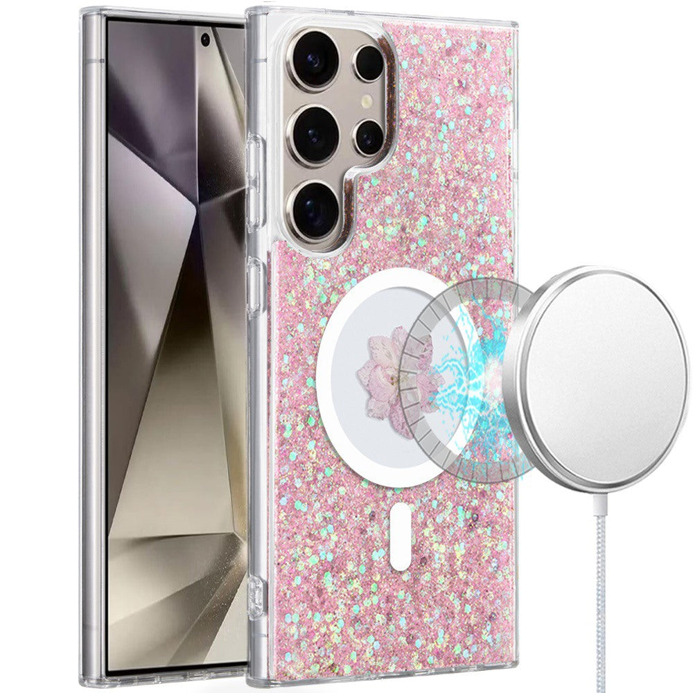 For Samsung S25 Ultra Case Epoxy Real Flower Glitter Hybrid + Tempered Glass