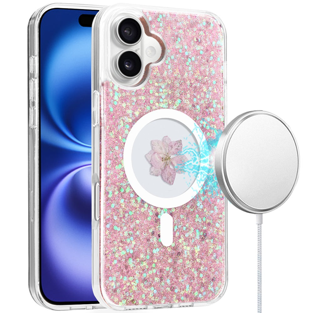 For iPhone 16 6.1inch Case Epoxy Real Flower Glitter Hybrid + Tempered Glass