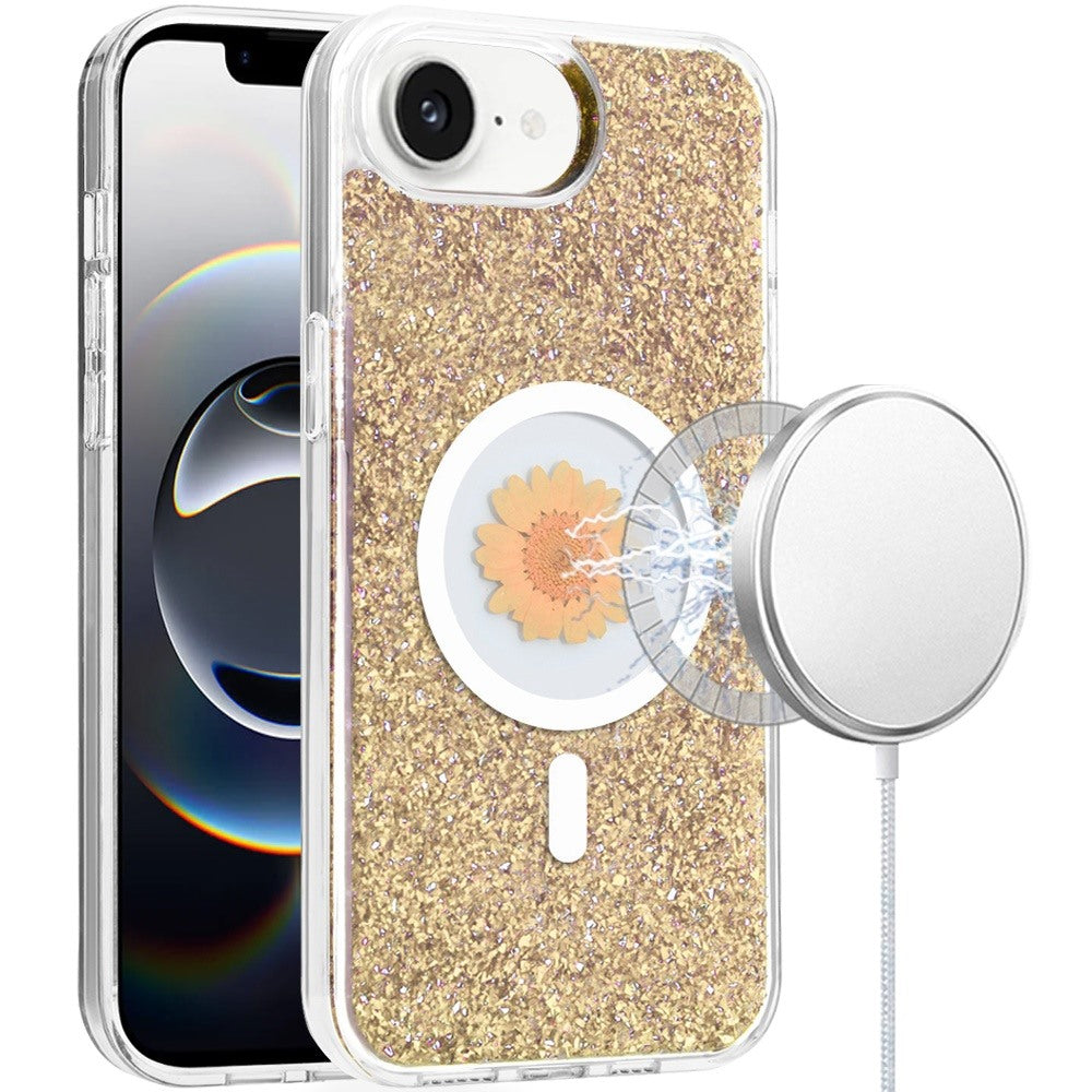 For iPhone 16e Case Epoxy Real Flower Glitter Hybrid Cover + Tempered Glass