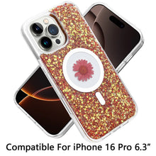 For iPhone 16 Pro 6.3in Case Epoxy Real Flower Glitter Hybrid + Tempered Glass