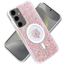 For Samsung S24+/S25+ Case Epoxy Real Flower Glitter Hybrid + Tempered Glass