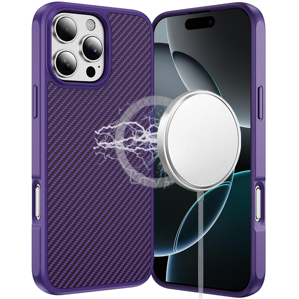 For iPhone 16 PRO MAX Case Carbon Print Hidden Magnetic Circle + Tempered Glass