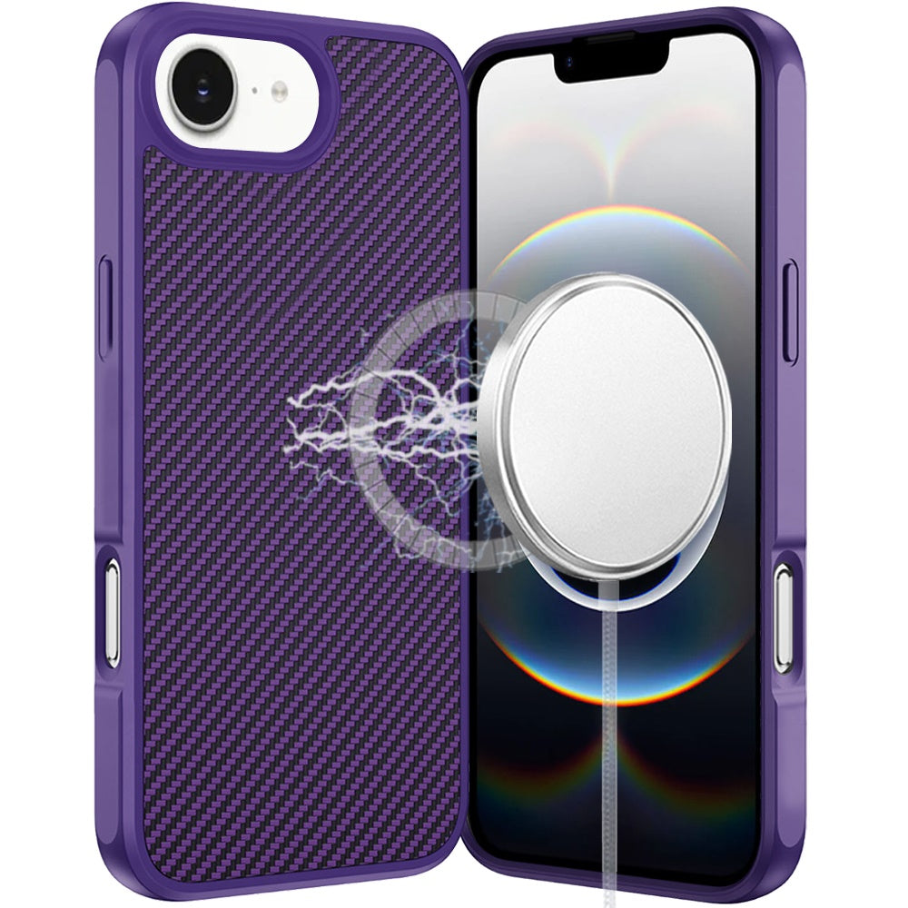 For iPhone 16e Case Carbon Fiber Print Hidden Magnetic Circle + Tempered Glass