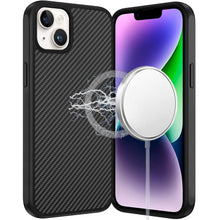 For iPhone 13/14 Case Carbon Fiber Print Hidden Magnetic Circle + Tempered Glass