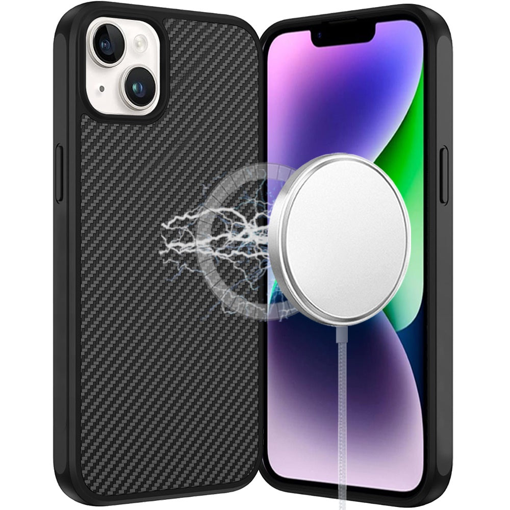 For iPhone 13/14 Case Carbon Fiber Print Hidden Magnetic Circle + Tempered Glass
