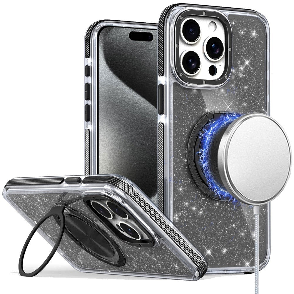 For iPhone 15 Pro Max Case Magnetic Circle Stand Full Glitter + 2 Tempered Glass