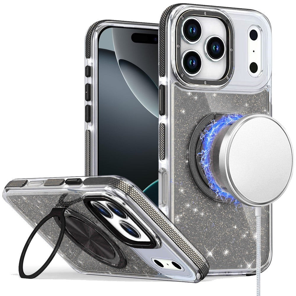 For iPhone 17 Pro Max Case Magnetic Circle Stand Full Glitter + Tempered Glass