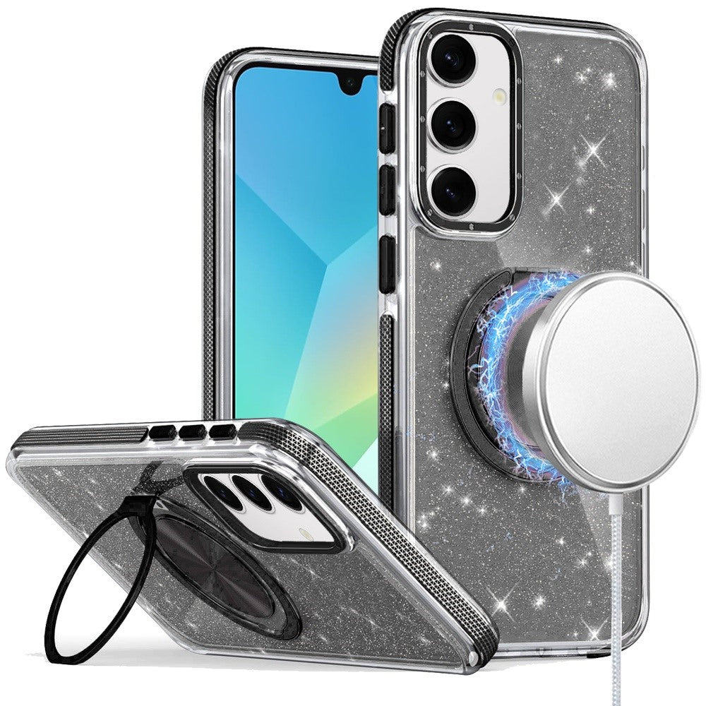 For Samsung A16 5G Case Magnetic Circle Stand Full Glitter + Tempered Glass