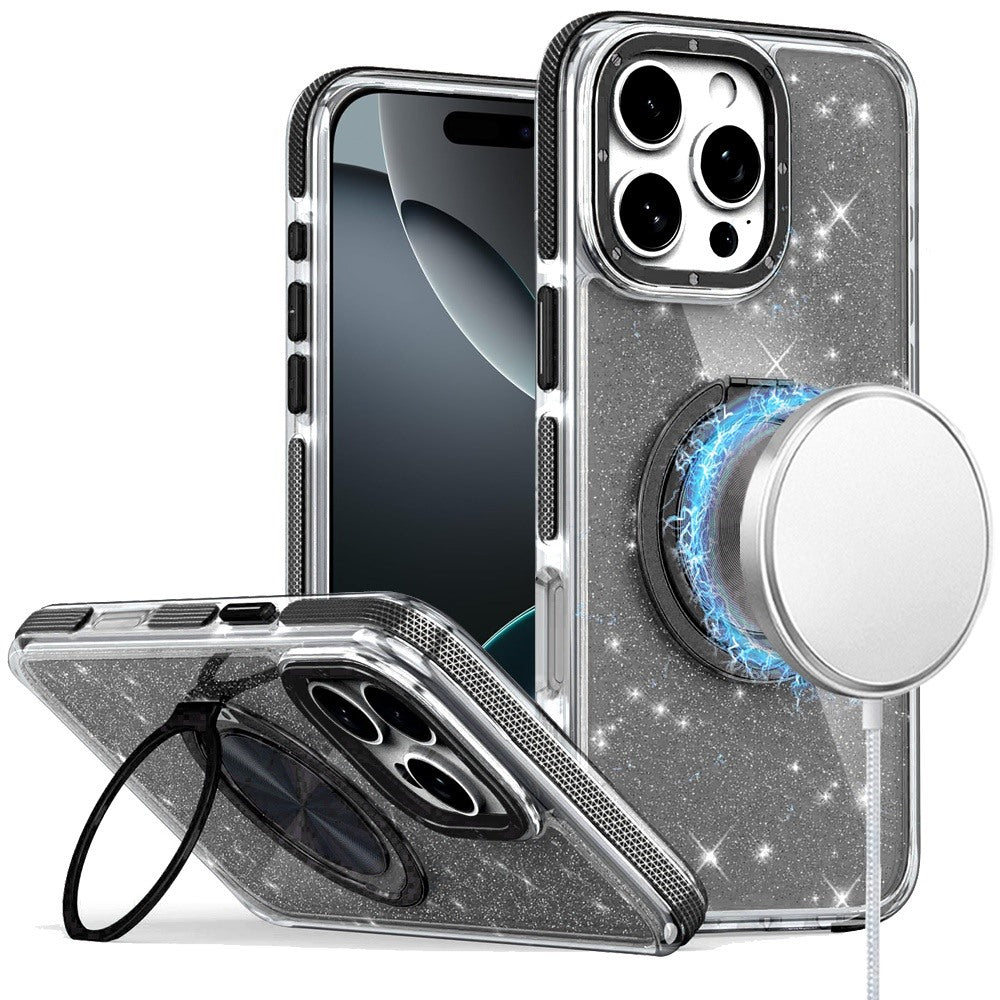 For iPhone 16 PRO MAX Case Magnetic Circle Stand Full Glitter + Tempered Glass