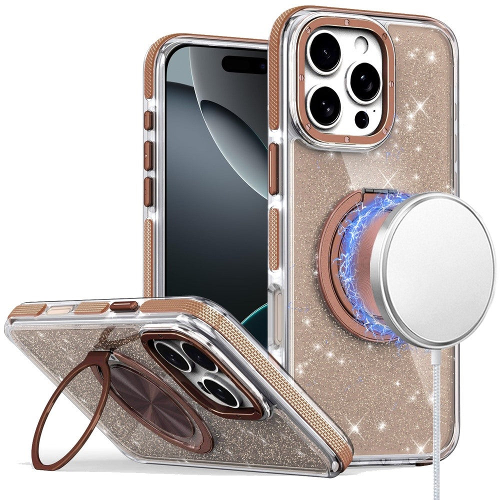For iPhone 16 PRO MAX Case Magnetic Circle Stand Full Glitter + Tempered Glass