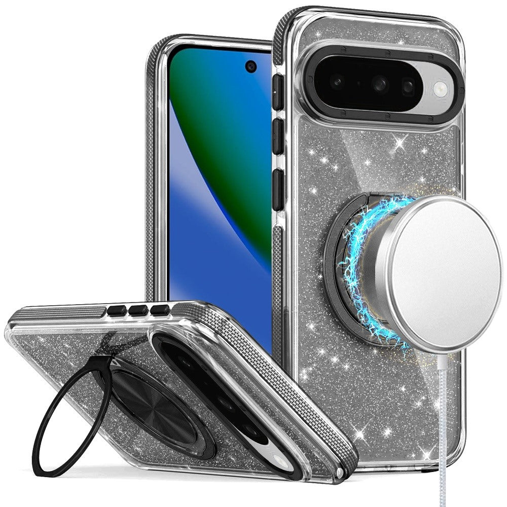 For Google Pixel 10/10 Pro Case Magnetic Circle Stand Glitter + Tempered Glass