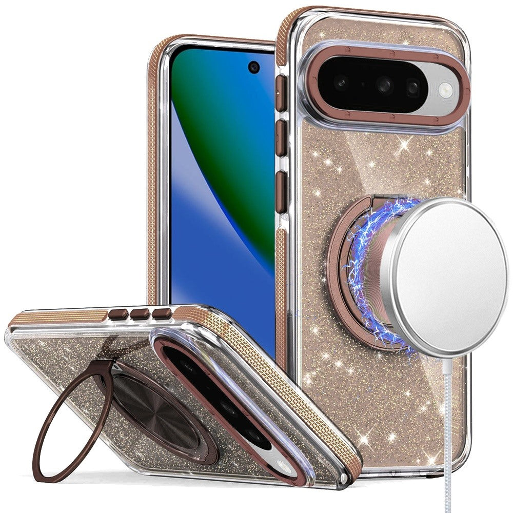 For Google Pixel 10/10 Pro Case Magnetic Circle Stand Glitter + Tempered Glass
