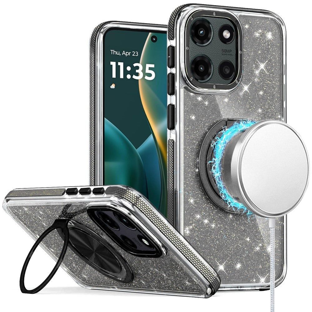 For Moto G Stylus 2025 Case Magnetic Circle Stand Full Glitter + Tempered Glass