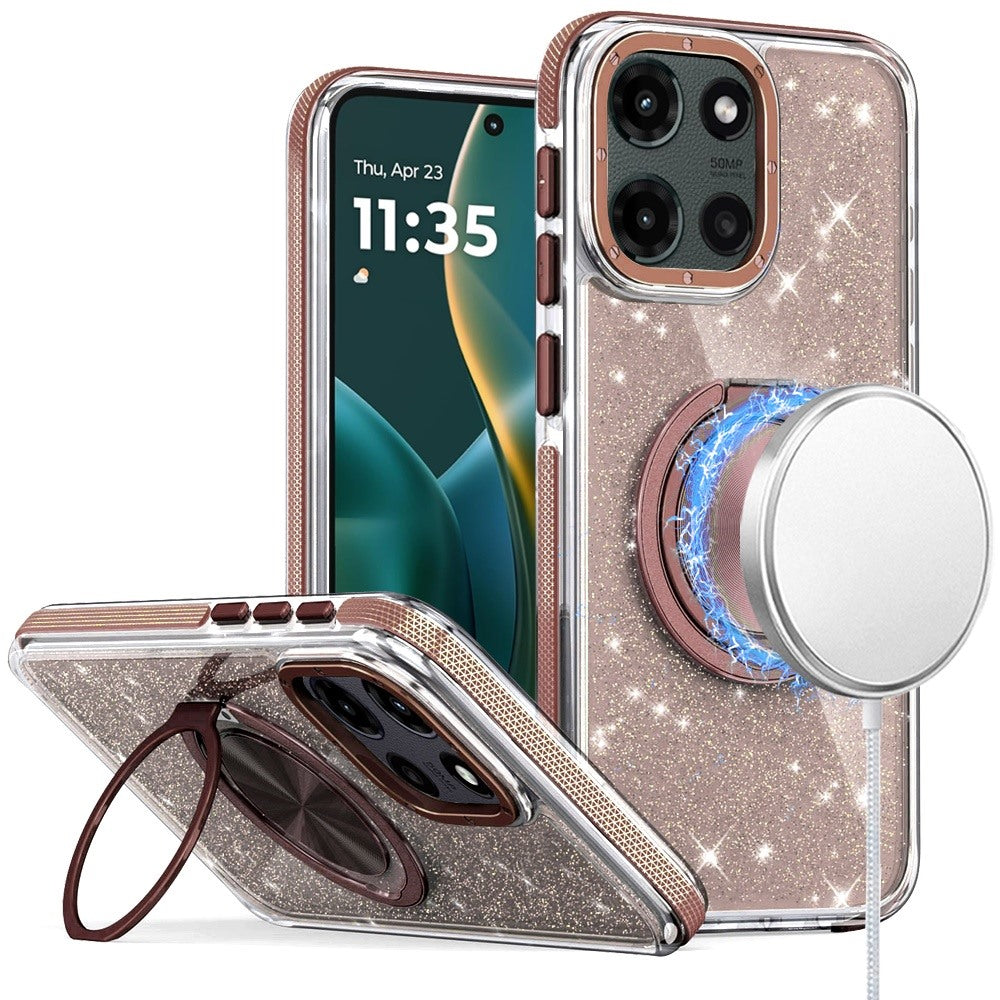 For Moto G Stylus 2025 Case Magnetic Circle Stand Full Glitter + Tempered Glass