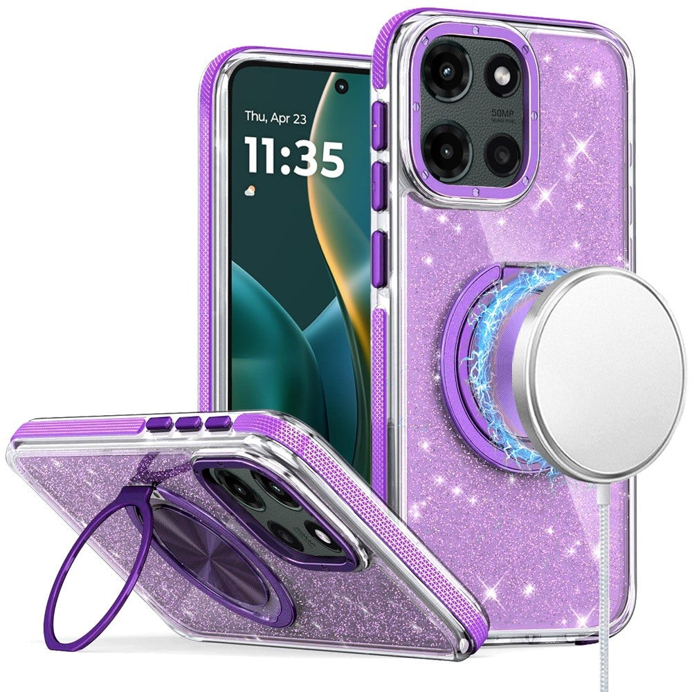 For Moto G Stylus 2025 Case Magnetic Circle Stand Full Glitter + Tempered Glass