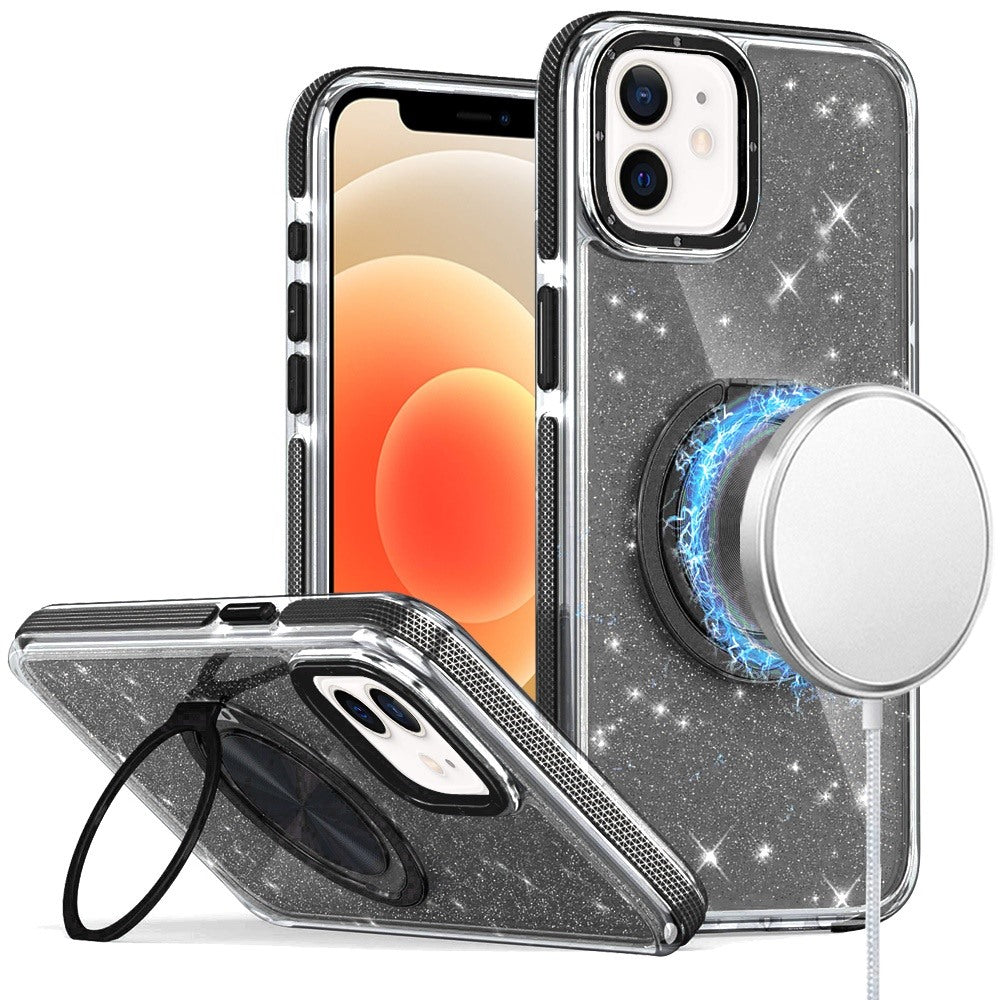 For iPhone 12/12 Pro Case Magnetic Circle Stand Full Glitter + Tempered Glass