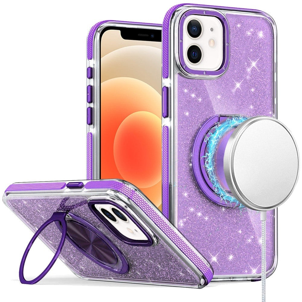 For iPhone 12/12 Pro Case Magnetic Circle Stand Full Glitter + Tempered Glass