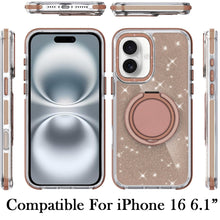 For iPhone 16 6.1inch Case Magnetic Circle Stand Full Glitter + Tempered Glass