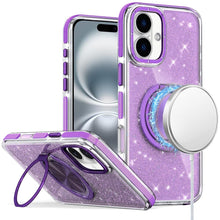 For iPhone 16 6.1inch Case Magnetic Circle Stand Full Glitter + Tempered Glass