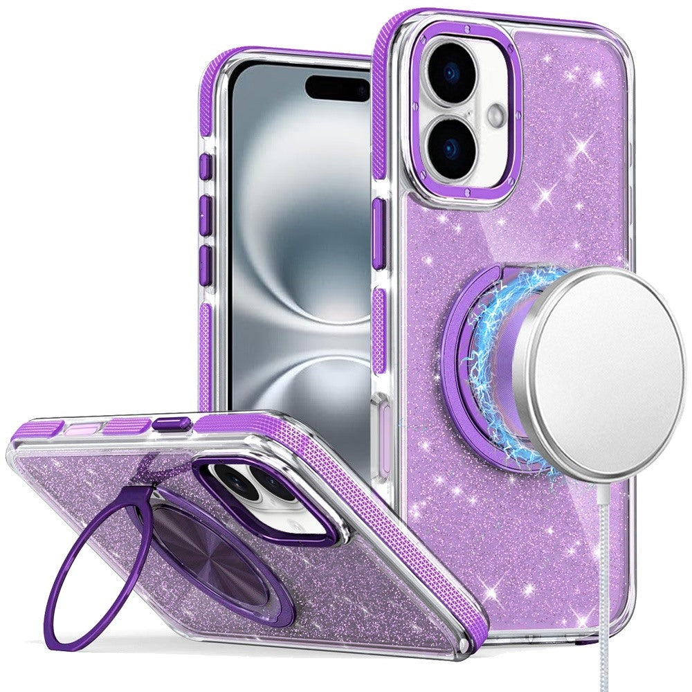 For iPhone 16 6.1inch Case Magnetic Circle Stand Full Glitter + Tempered Glass