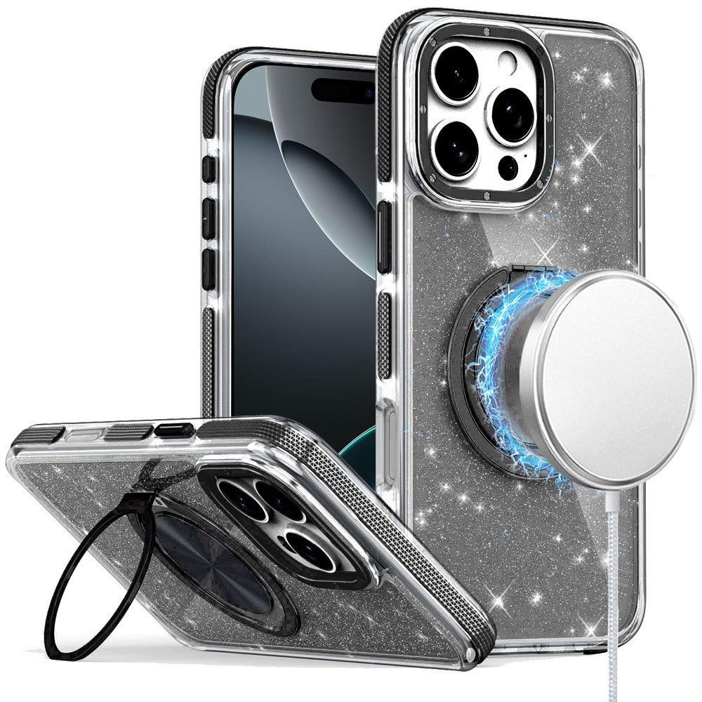 For iPhone 16 Pro 6.3in Case Magnetic Circle Stand Full Glitter + Tempered Glass