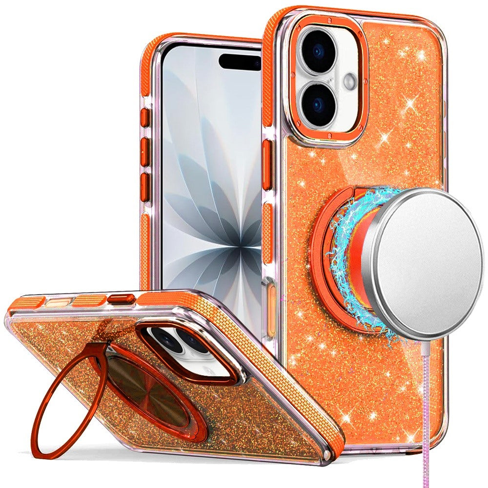 For iPhone 17 Case Magnetic Circle 360 Stand Full Glitter Cover + Tempered Glass