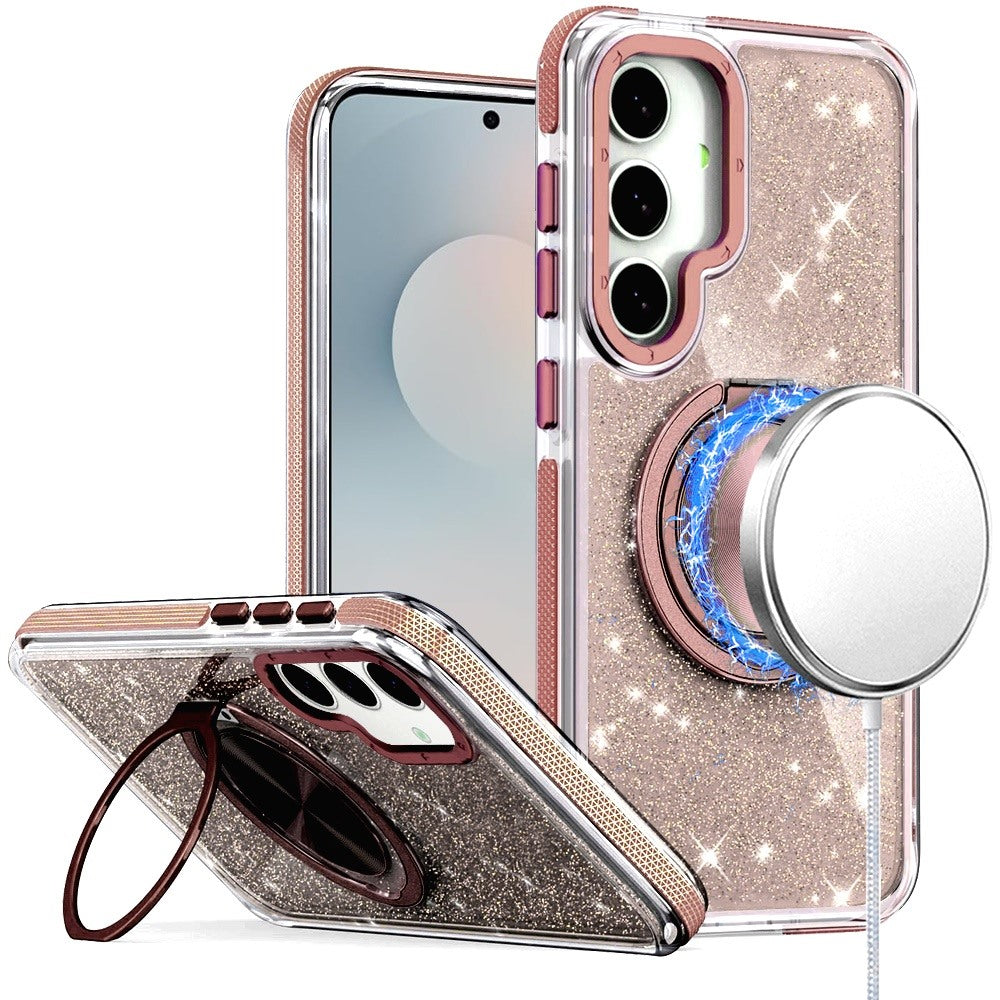 For Samsung S25 FE Case Magnetic Circle Stand Full Glitter + Tempered Glass