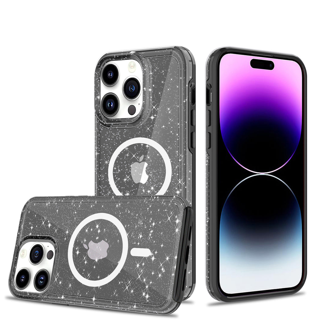 For iPhone 13/14 Case Magnetic Circle Hybrid Glitter Epoxy Cover +Tempered Glass