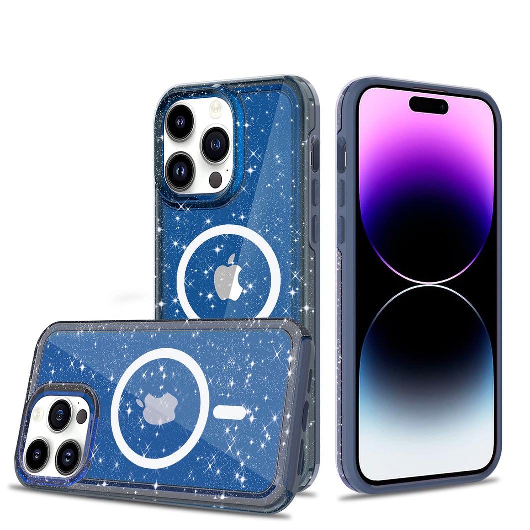 For iPhone 13/14 Case Magnetic Circle Hybrid Glitter Epoxy Cover +Tempered Glass