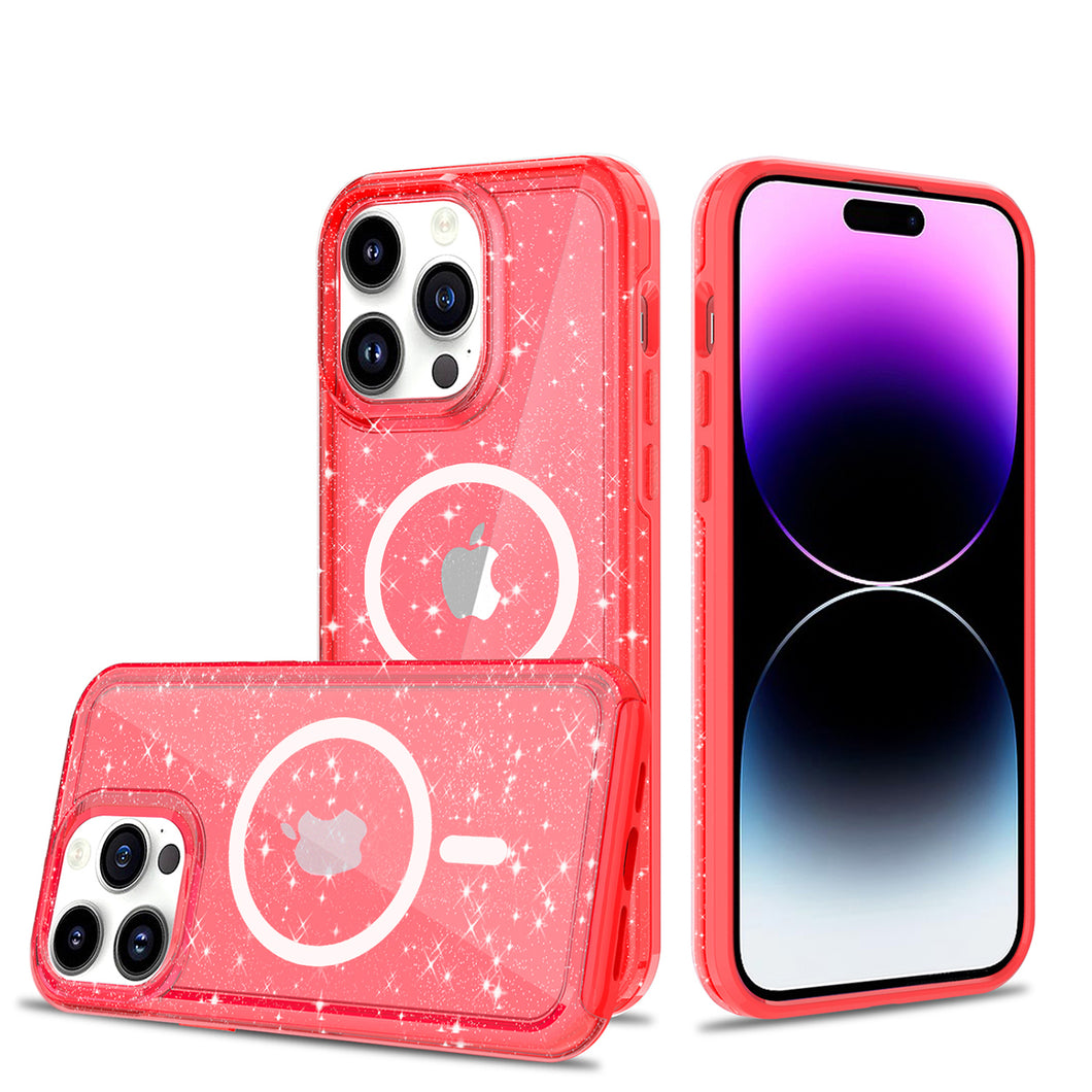 For iPhone 13/14 Case Magnetic Circle Hybrid Glitter Epoxy Cover +Tempered Glass
