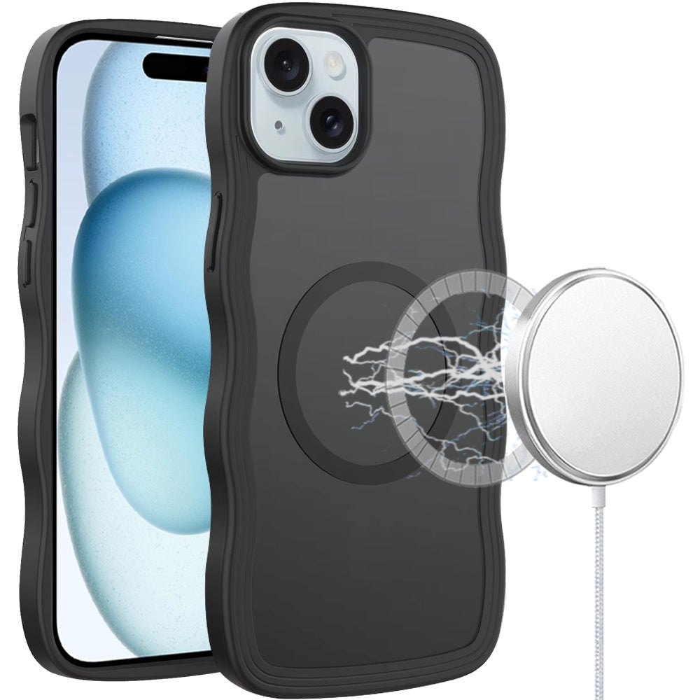 For iPhone 15 Case Wavy Side Grip with Magnetic Circle Cover + 2 Tempered Glass
