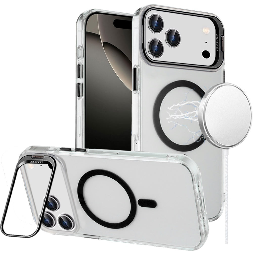 For iPhone 17 PRO Case Metallic Camera Stand w/ Magnetic Circle + Tempered Glass