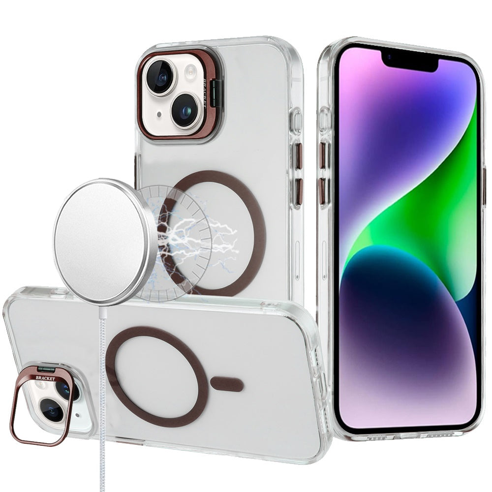 For iPhone 13/14 Case Metallic Camera Stand Magnetic Circle + Tempered Glass