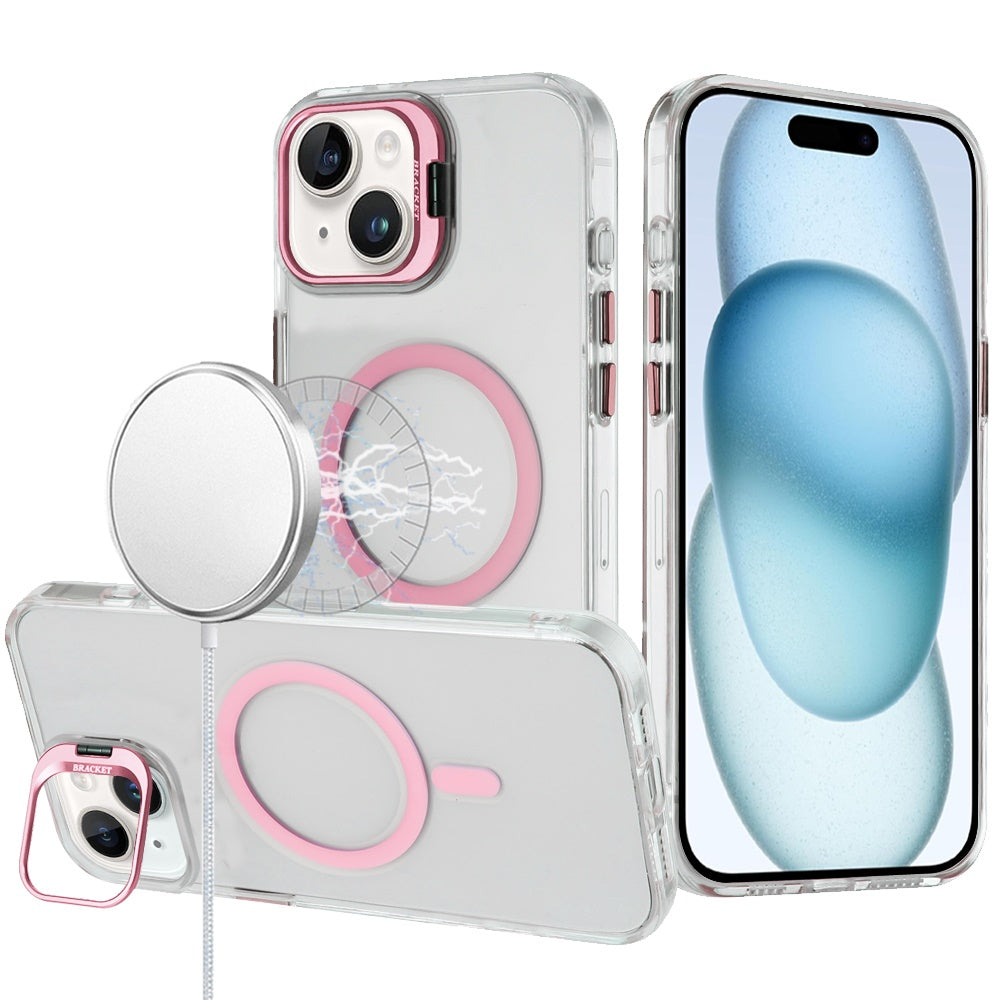 For iPhone 15 Case Metallic Camera Stand with Magnetic Circle + 2 Tempered Glass