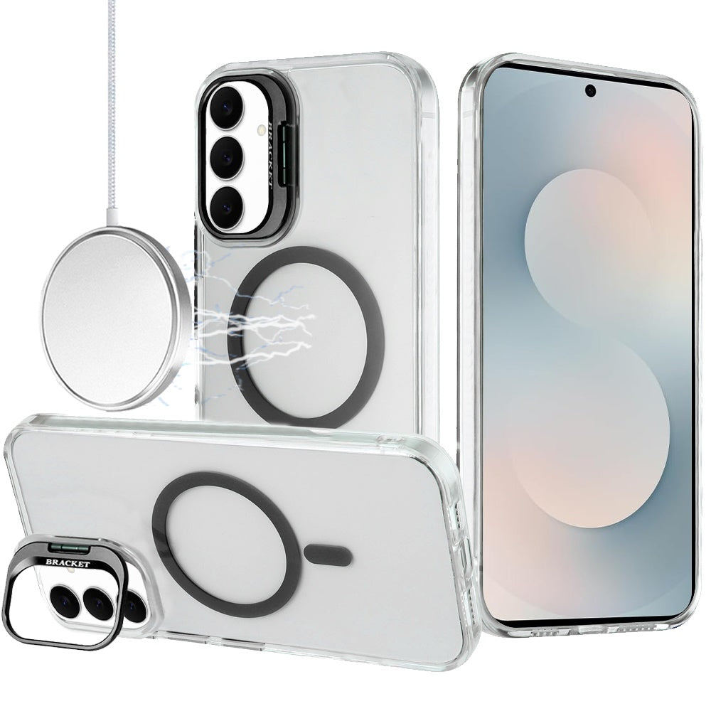 For Samsung S25 FE Case Metallic Camera Stand Magnetic Circle + Tempered Glass