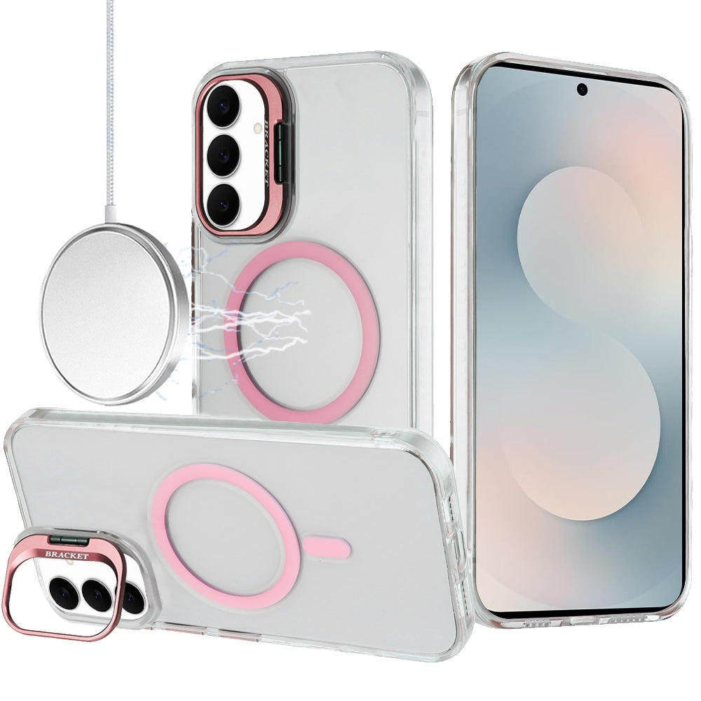 For Samsung S25 FE Case Metallic Camera Stand Magnetic Circle + Tempered Glass