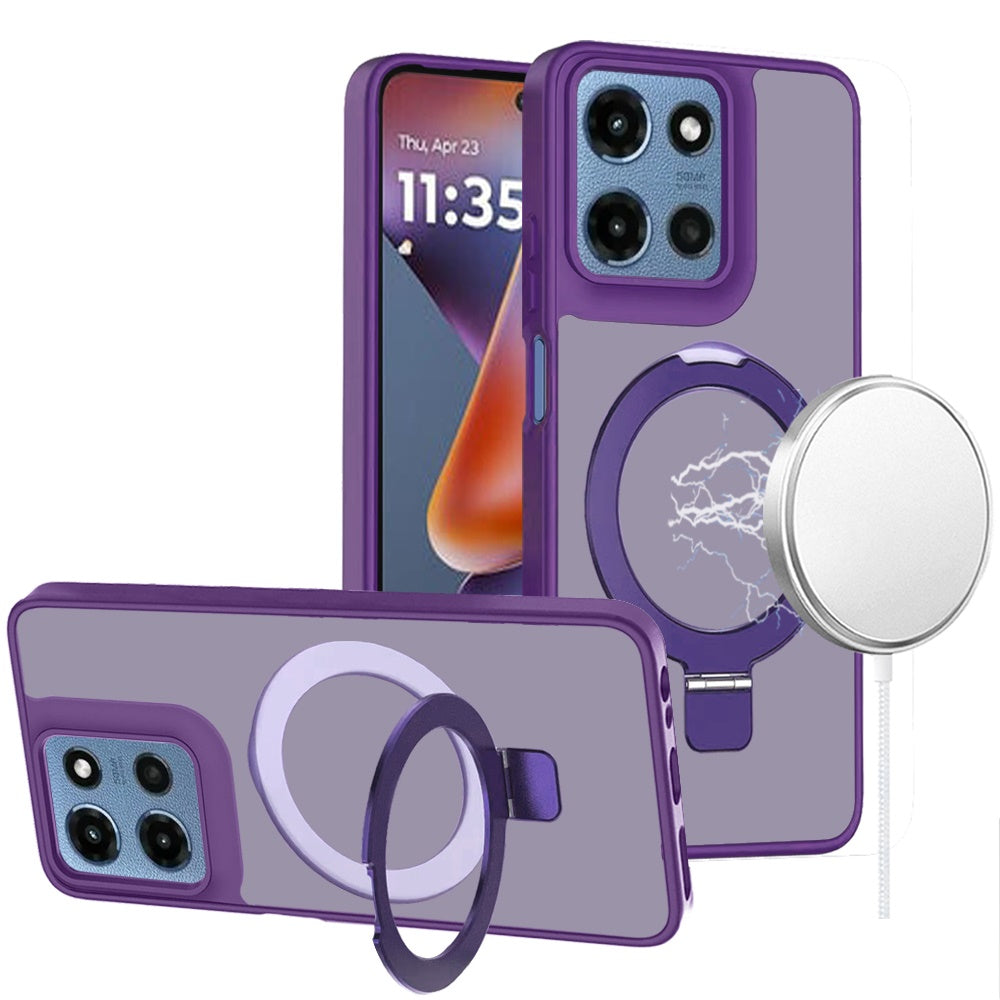 For Moto G 2025 Case Metal Circle Ring Stand Rugged Phone Cover + Tempered Glass