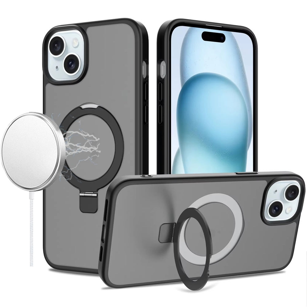 For iPhone 15 Case Metal Circle Ring Stand Rugged Phone Cover + 2 Tempered Glass