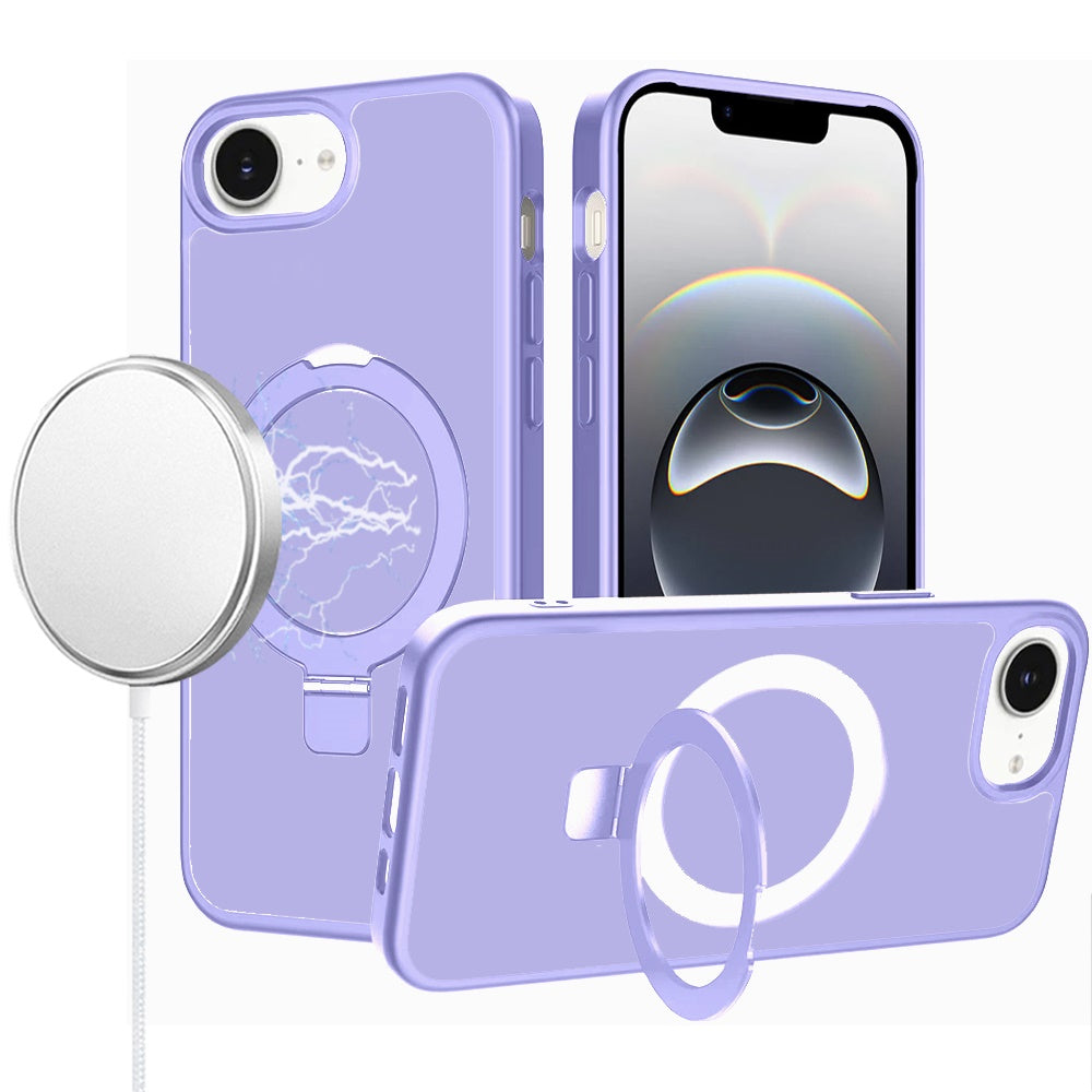 For iPhone 16e Case Metal Circle Ring Stand Rugged Phone Cover + Tempered Glass