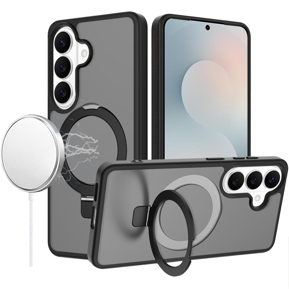 For Samsung S25 FE Case Metal Circle Ring Stand Rugged Cover + Tempered Glass