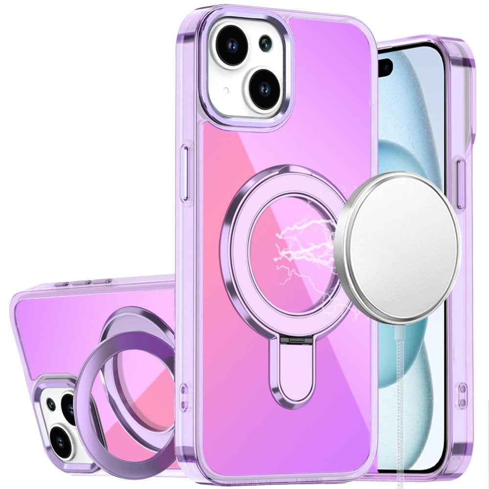 For iPhone 15 Case Radiant Chrome Magnetic Circle Stand Cover + 2 Tempered Glass