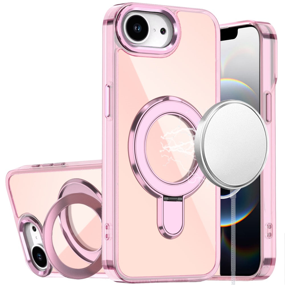 For iPhone 16e Case Radiant Chrome Cover Magnetic Circle Stand + Tempered Glass