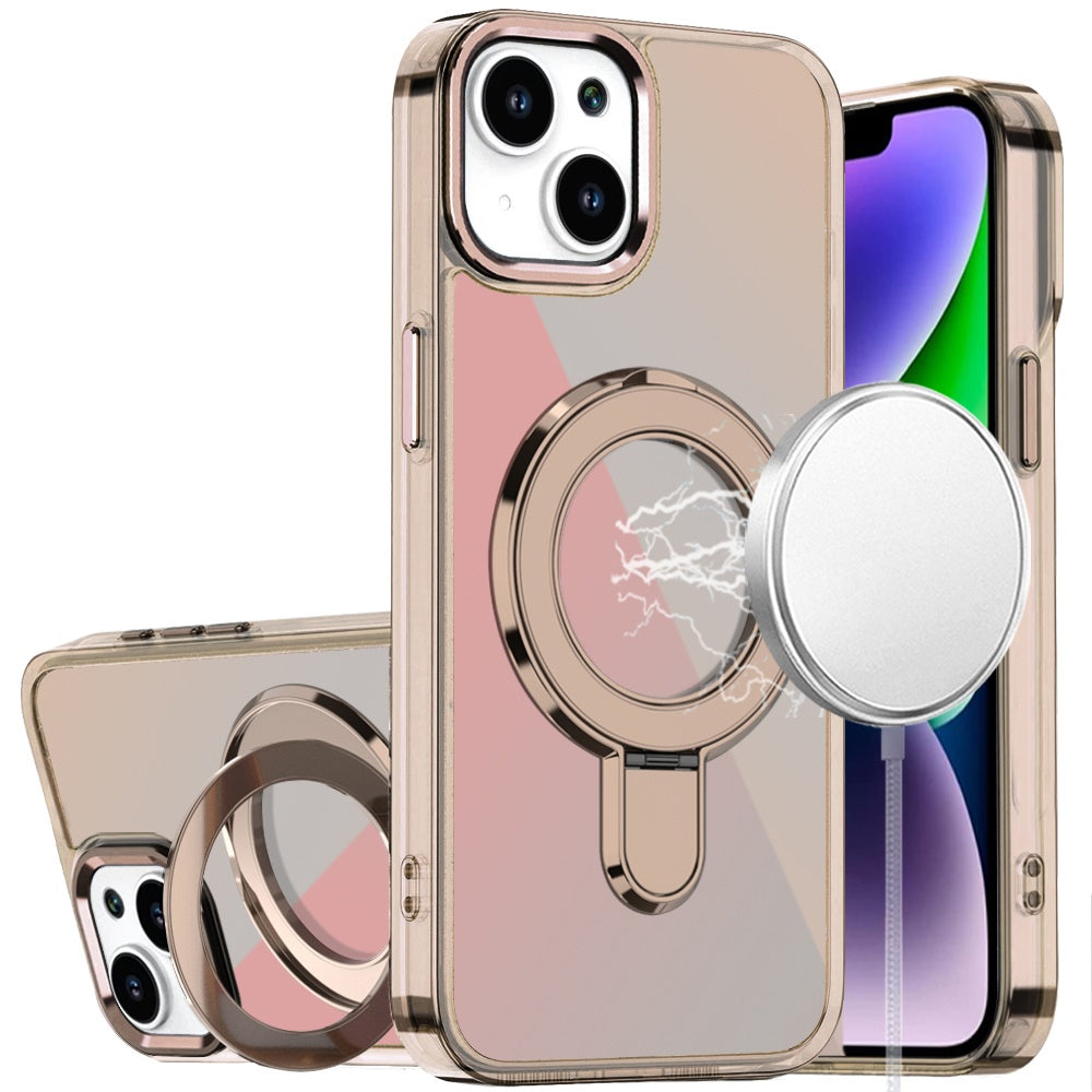 For iPhone 13/14 Case Radiant Chrome Magnetic Circle Stand + Tempered Glass
