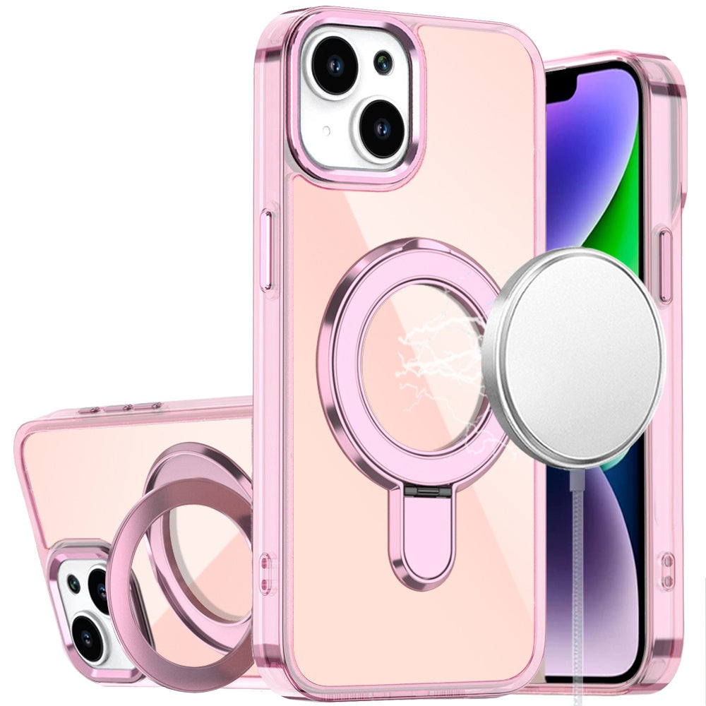 For iPhone 13/14 Case Radiant Chrome Magnetic Circle Stand + Tempered Glass